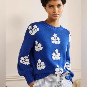 Embroidered Blouson Jumper Cozy Blue Cotton Sweater